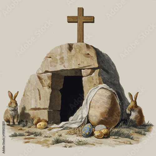 Empty tomb with cross and easter bunnies celebrating resurrection. Easter greeting card. Empty cave, stone rolled away, with cross, bunnies and colorful Easter eggs