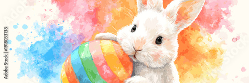White rabbit holding colorful Easter egg, watercolor splash background. White rabbit holding a brightly striped Easter egg against a vibrant watercolor splash background