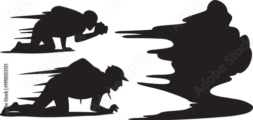 Silhouette of photographers taking pictures quickly on the ground