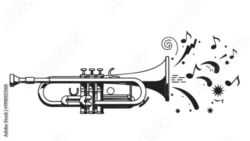 Playful trumpet illustration releasing musical notes into a bright white background.