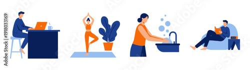 Flat Vector Daily Routine Activities Character Graphic Set for Wellness and Work Life Balance