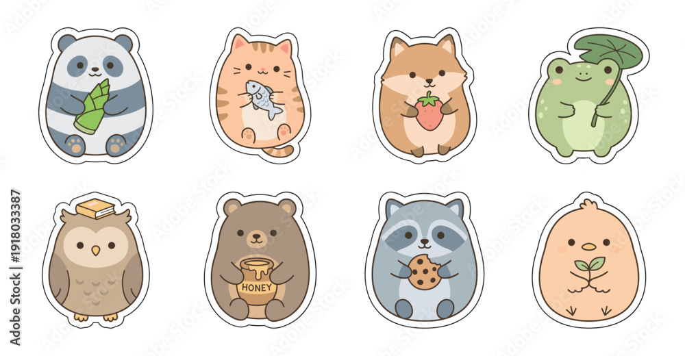 Obraz premium Cute Animal Sticker Set with Food, Vector Illustration
