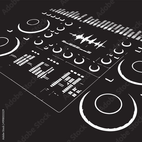 Close-up of a DJ mixer and turntable controls in a dark studio setup.