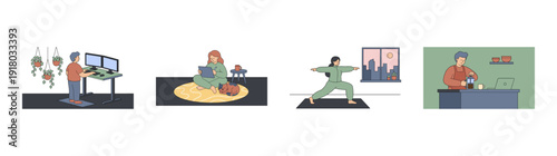 Flat Vector Remote Work and Wellness Illustration Set for Freelance Lifestyle and Digital Nomad Productivity Graphic Kit