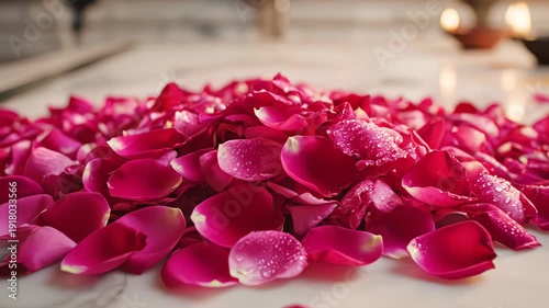 Close Up Of Hands Scattering Red Rose Petals On A Marble Surface With Lit Oil Lamps In The Background