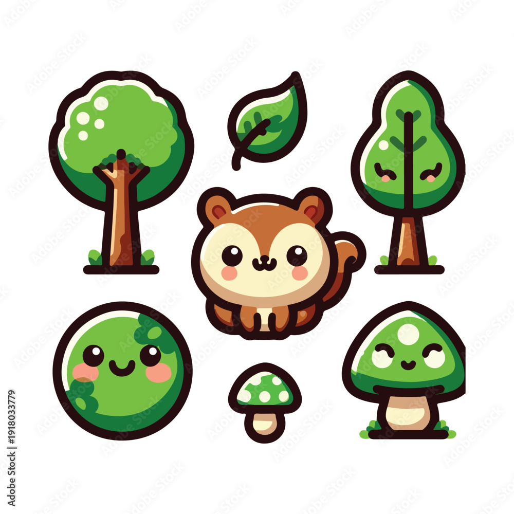 Obraz premium Cute Kawaii Forest Clipart – Flat Pastel Trees & Nature Bundle