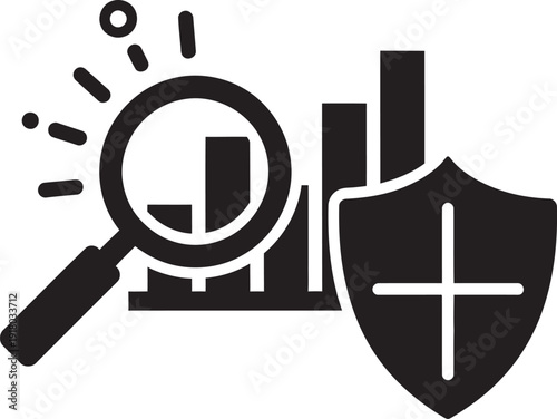 Business data protection concept with magnifying glass and shield icon, security and analysis symbol in modern black and white design