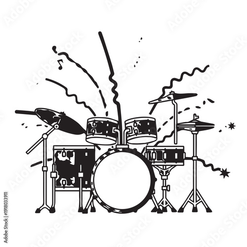 Black and white line drawing of a drum kit with cymbals, drums, and sticks.