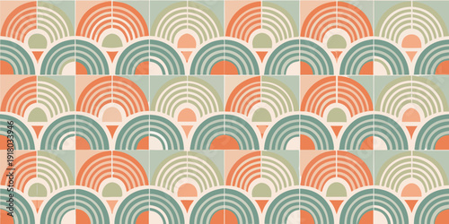 Vibrant seamless geometric pattern with arches in orange and green hues simple vector illustration background