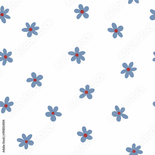 Blue flowers with red centers on white background pattern design
