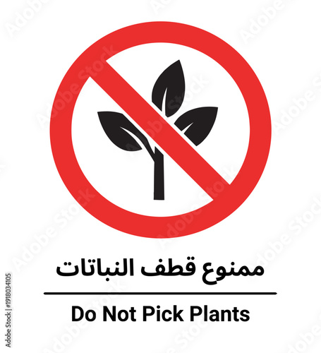 Bilingual Do Not Pick Plants Prohibition Sign – Arabic and English Environmental Warning, Red No Symbol Flat Vector Icon on White Background