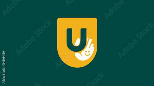 Modern graphic design with bold letter U in a golden shield, featuring crossed fingers and a smiling face, symbolizing luck, hope, and support.