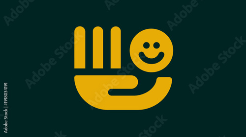 Golden Hand Holding Smiling Face and Growth Bars Icon Symbolizing Customer Satisfaction, Service, Support & Financial Well-being