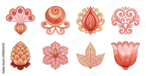 Floral Art Nouveau Ornaments Set, Peach Vector Illustration