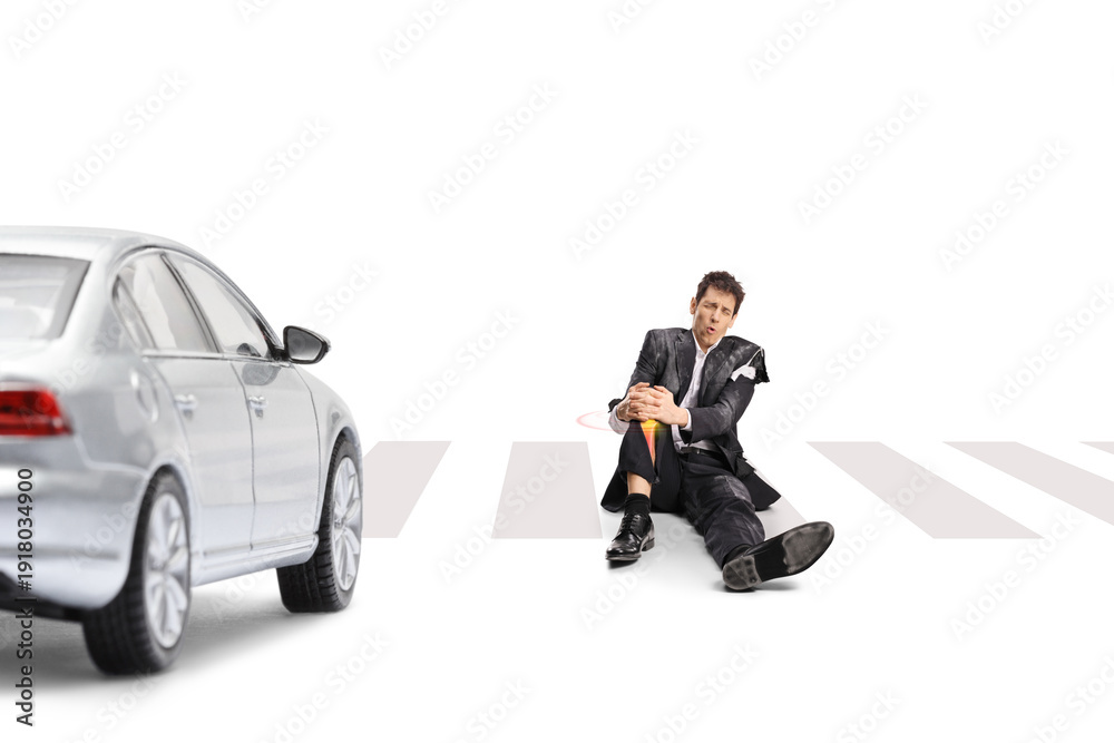 Fototapeta premium Injured man in a torn suit sitting on a crosswalk