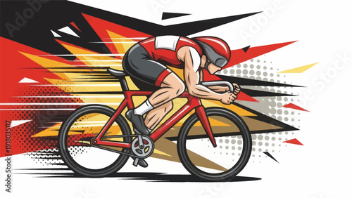 Cyclist in red cycling attire riding bike with speed lines vector illustration