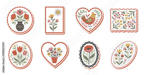 Folk Art Floral Stickers Set with Bird and Flowers