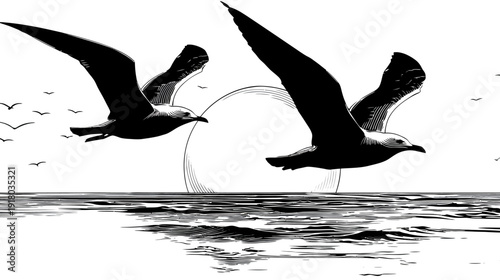 Dramatic black and white illustration of two seagulls flying over the ocean waves with sun disk and flock of birds