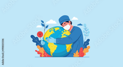 A compassionate healthcare worker wearing a face mask is tenderly hugging planet Earth, symbolizing global health and care.