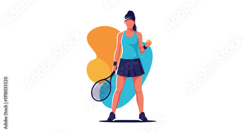 A dynamic, full-body illustration of a strong and focused female tennis player holding a racket and ball, ready to serve.