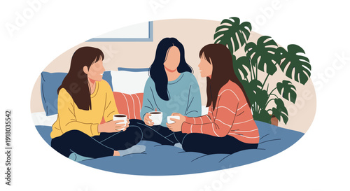 Three young women, best friends, are sitting on a bed together, chatting, laughing, and enjoying coffee in a cozy room.