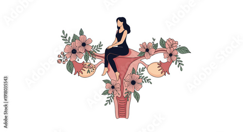 A symbolic illustration for women's health showing a woman sitting on a human uterus that is beautifully decorated with flowers.
