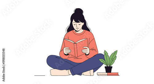 A young woman is sitting comfortably on the floor with her legs crossed, deeply absorbed in reading a book next to a small plant.