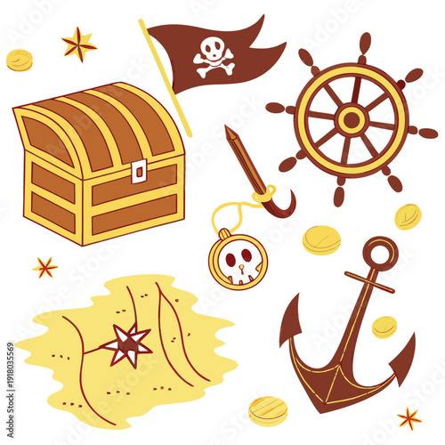 Pirate Adventure Objects and Treasure Flat Vector Set