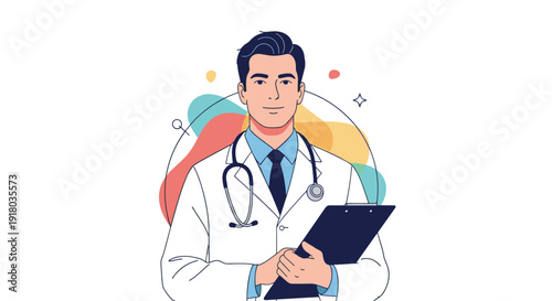 A friendly and confident male doctor in a white coat with a stethoscope, holding a clipboard and smiling warmly at the camera.