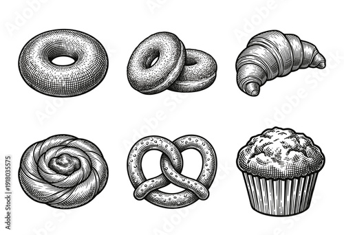Set of vintage engraved illustrations featuring a bagel, donuts, croissant, cinnamon roll, soft pretzel, and muffin for bakery branding.