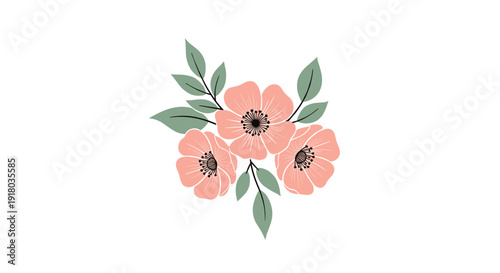 A beautiful and simple illustration of three delicate pink flowers with dark centers, arranged with several muted green leaves on a white background.