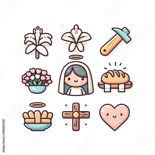 march 19 saint joseph day cute rounded flat icons