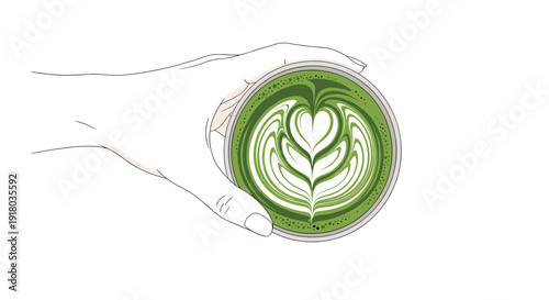 A minimalist line drawing of a hand holding a cup of green matcha latte, featuring intricate latte art in the shape of a heart and leaves.