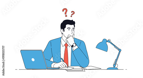 A thoughtful businessman in a suit sits at his desk with a laptop, pondering a problem with question marks above his head in a clean line art style.