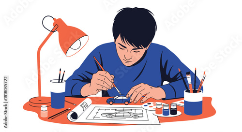 A focused young person sits at a desk under a lamp, carefully painting a miniature model car with a small brush, surrounded by art supplies.