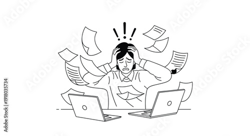 A black and white line drawing of a stressed person at a desk with two laptops, clutching their head as papers fly around them in chaos.