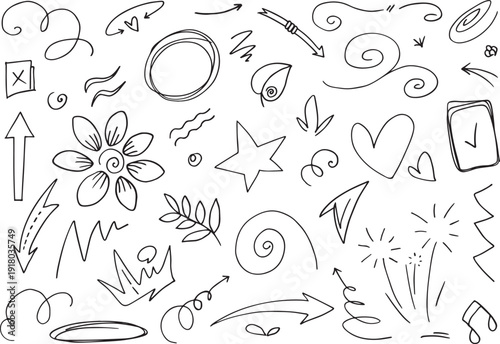 A collection of hand drawn doodles and symbols