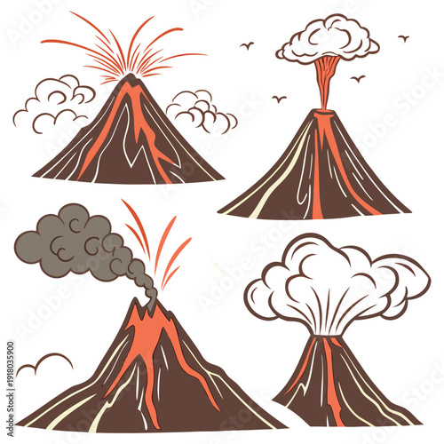 Volcano Eruption and Lava Explosion Flat Vector Set