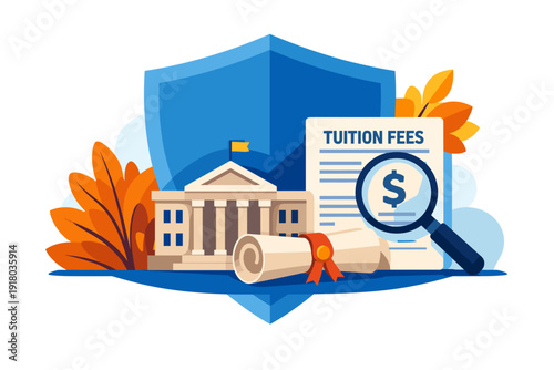 College Tuition Fees Document Magnified With Diploma And Building.