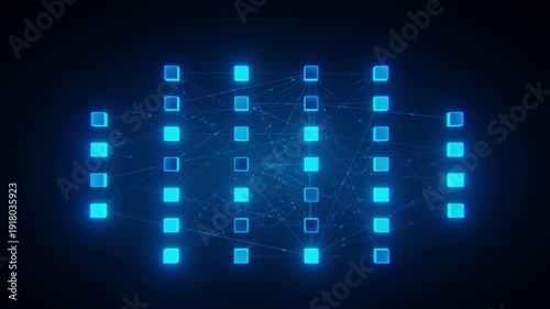 3D render neural network architecture glowing blue cubes connected lines dark background. Represents artificial intelligence machine learning deep learning technology data processing digital.