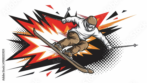 Dynamic illustration of a skier performing aerial maneuver with explosive backdrop