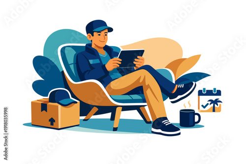 Delivery man relaxing in armchair with tablet and package.