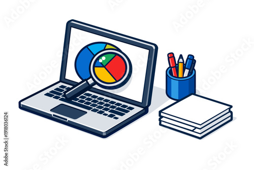 Laptop displaying financial chart with magnifying glass and office supplies.