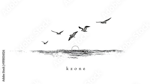 Hand-drawn sketch illustration of seagulls flying over the ocean waves at sunrise or sunset, vintage engraving style black and white artwork.