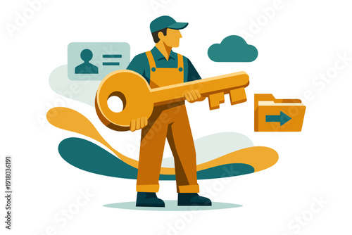 Man holding large golden key with digital icons representing security and access.