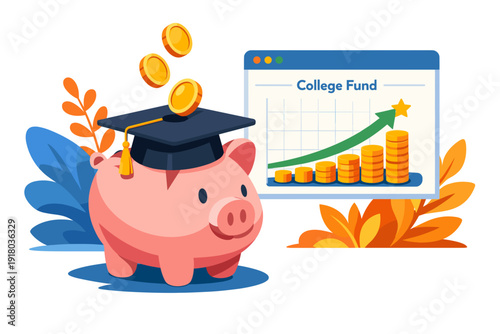 Piggy bank wearing graduation cap with coins and college fund graph.