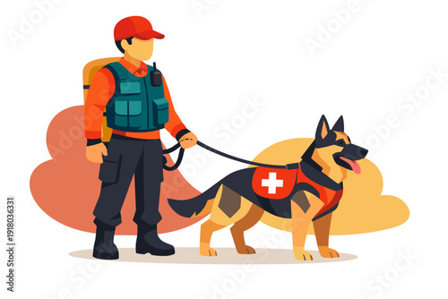 Search and Rescue Worker With German Shepherd Dog.