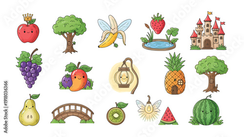 Whimsical Garden Icons: A vibrant assortment of cute and playful garden icons featuring a castle, fruit, tree, and more, ideal for various design projects.