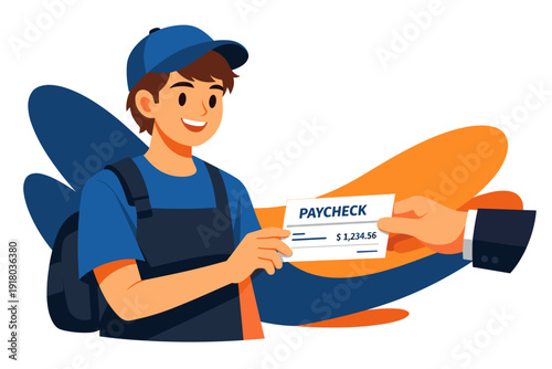 Worker Receives Paycheck From Employer Hand.