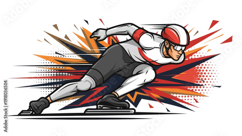 Dynamic illustration of speed skater in motion against explosive background